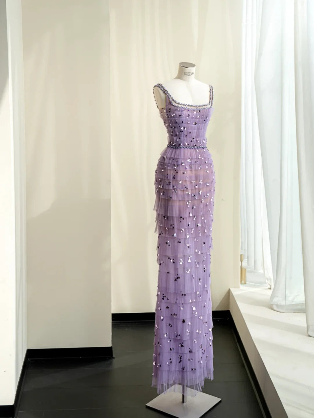 Pretty Young Purple Sheath Square Rhinestone Sequins Tiered Tulle Dress Prom Evening Dress L486