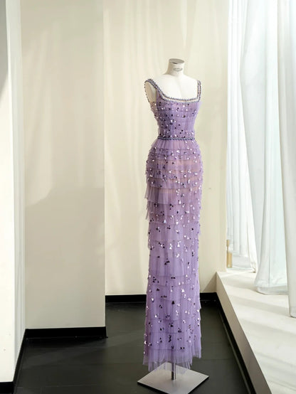 Pretty Young Purple Sheath Square Rhinestone Sequins Tiered Tulle Dress Prom Evening Dress L486
