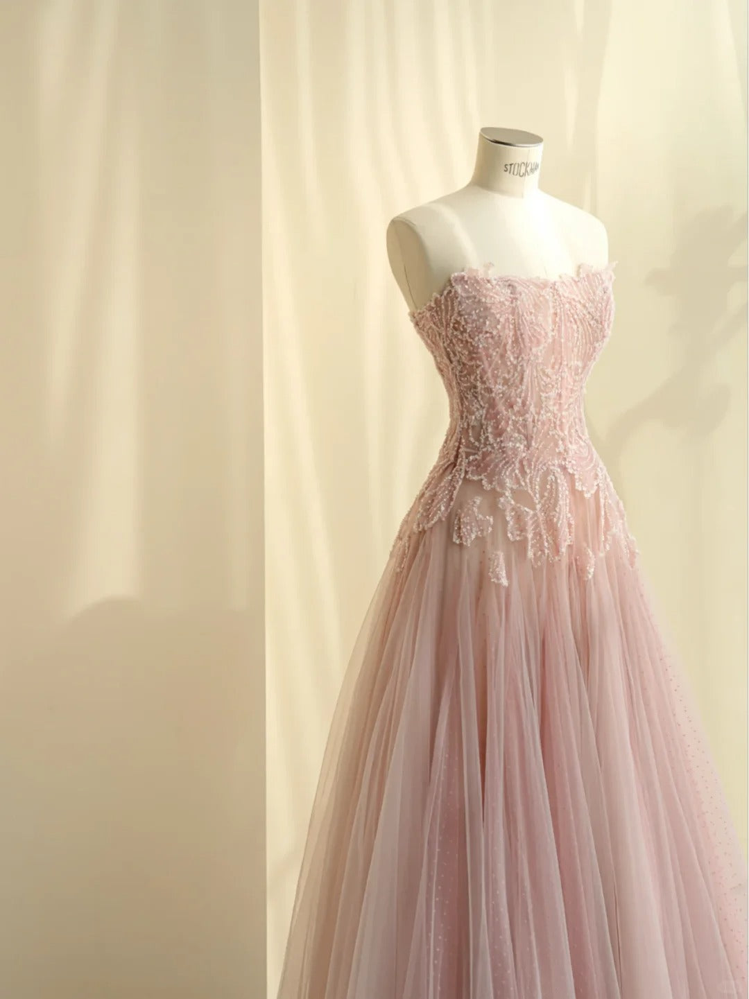 Pretty Pink A-Line Strapless Appliques Sequins Tulle Dress Prom Dress Evening Dress L487