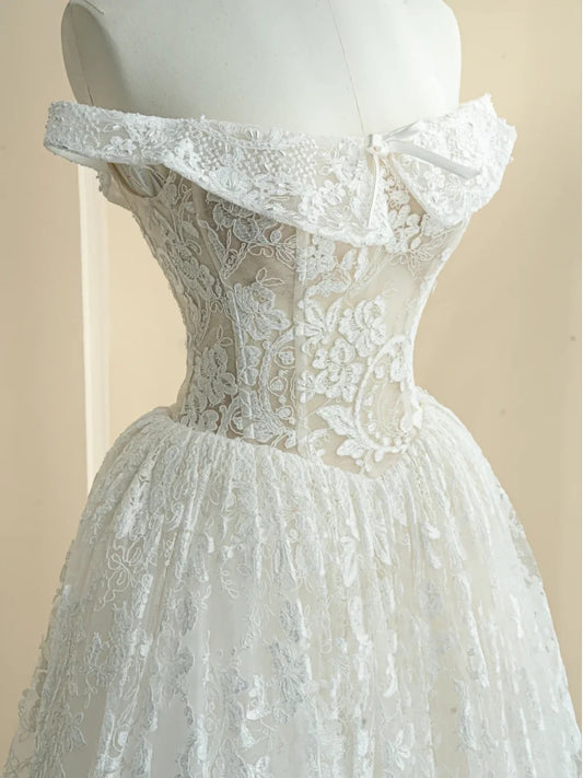Princess White Ball Gown Off-The-Shoulder Bow Lace Tulle Dress Prom Quinceanera Dress 16 L488