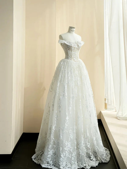 Princess White Ball Gown Off-The-Shoulder Bow Lace Tulle Dress Prom Quinceanera Dress 16 L488