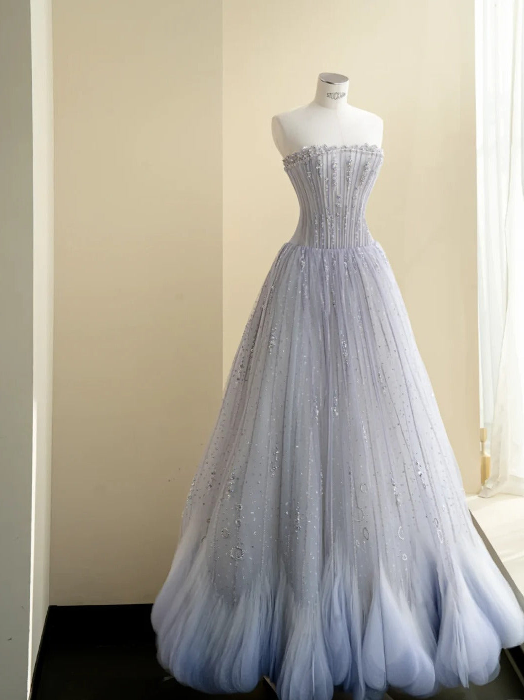 Fairy Young Purple A-Line Strapless Beaded Appliques Rhinestone Tulle Dress Prom Evening Dress L489