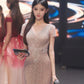 Luxurious Champagne Mermaid Dress V-Neck Rhinestone Tulle Dress Prom Dress L49