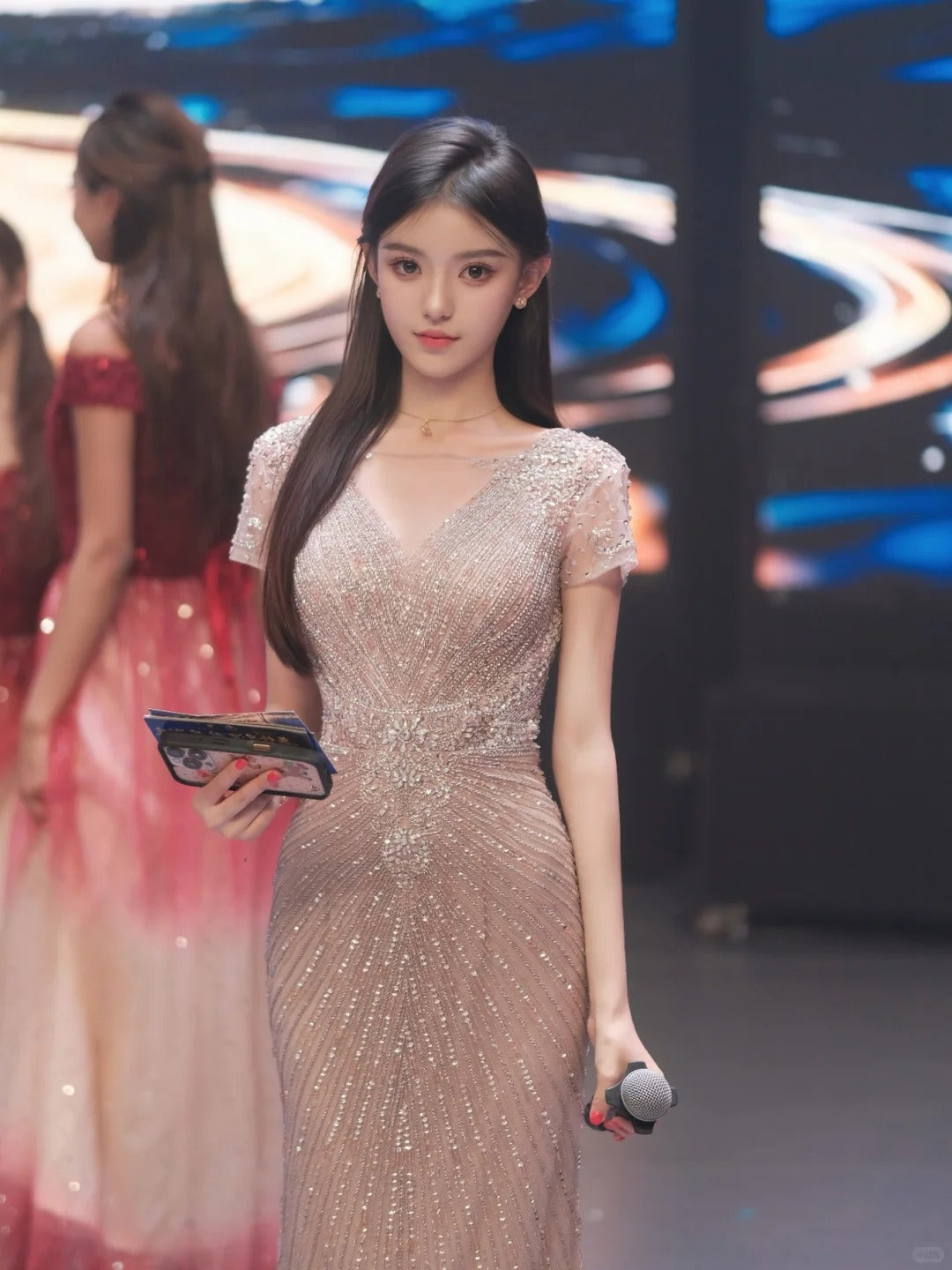 Luxurious Champagne Mermaid Dress V-Neck Rhinestone Tulle Dress Prom Dress L49