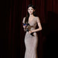 Luxurious Champagne Mermaid Dress V-Neck Rhinestone Tulle Dress Prom Dress L49