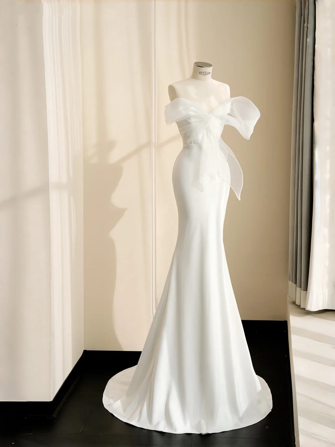 Elegant White Mermaid Sweetheart Bow Matte Satin Dress Prom Dress Evening Dress L490
