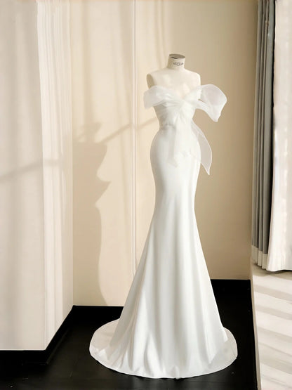 Elegant White Mermaid Sweetheart Bow Matte Satin Dress Prom Dress Evening Dress L490