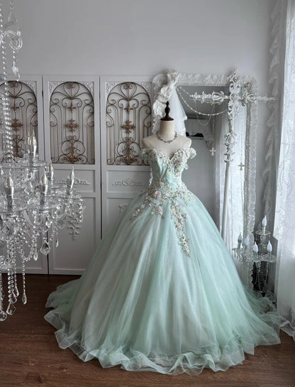 Princess Mint Green Ball Gown Off-The-Shoulder Beaded Appliques Tulle Dress Quinceanera Dress 16 L491