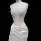 Elegant White Mermaid Strapless Lace Appliques Ruched Train Satin Dress Prom Evening Dress L492