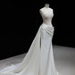 Elegant White Mermaid Strapless Lace Appliques Ruched Train Satin Dress Prom Evening Dress L492