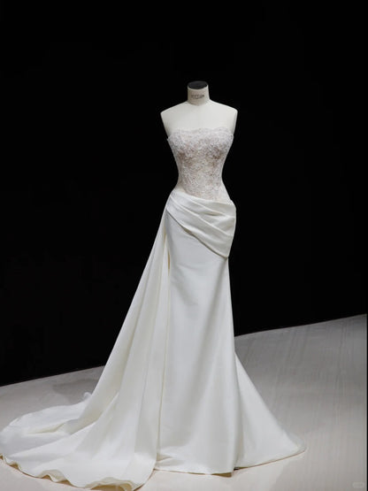 Elegant White Mermaid Strapless Lace Appliques Ruched Train Satin Dress Prom Evening Dress L492
