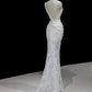 Pretty White Mermaid Asymmetrical Neck Lace Appliques Ruched Tulle Dress Prom Evening Dress L494
