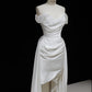 Chic White Sheath Off-The-Shoulder Ruched Train Satin Dress Prom Dress Evening Dress L495
