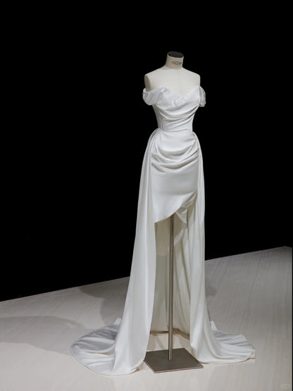 Chic White Sheath Off-The-Shoulder Ruched Train Satin Dress Prom Dress Evening Dress L495