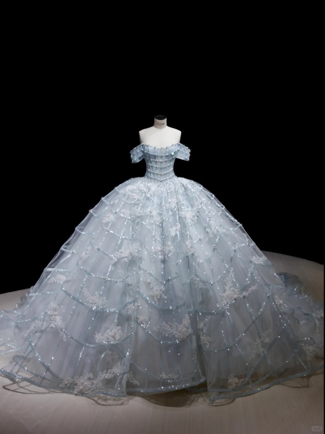 Princess Light Blue Ball Gown Off-The-Shoulder Sequins Beaded Tulle Dress  Quinceanera Dress 16 L498