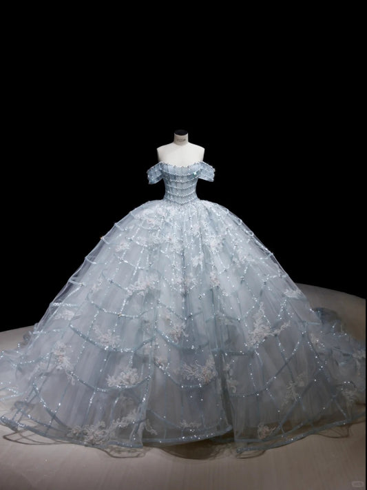 Princess Light Blue Ball Gown Off-The-Shoulder Sequins Beaded Tulle Dress  Quinceanera Dress 16 L498