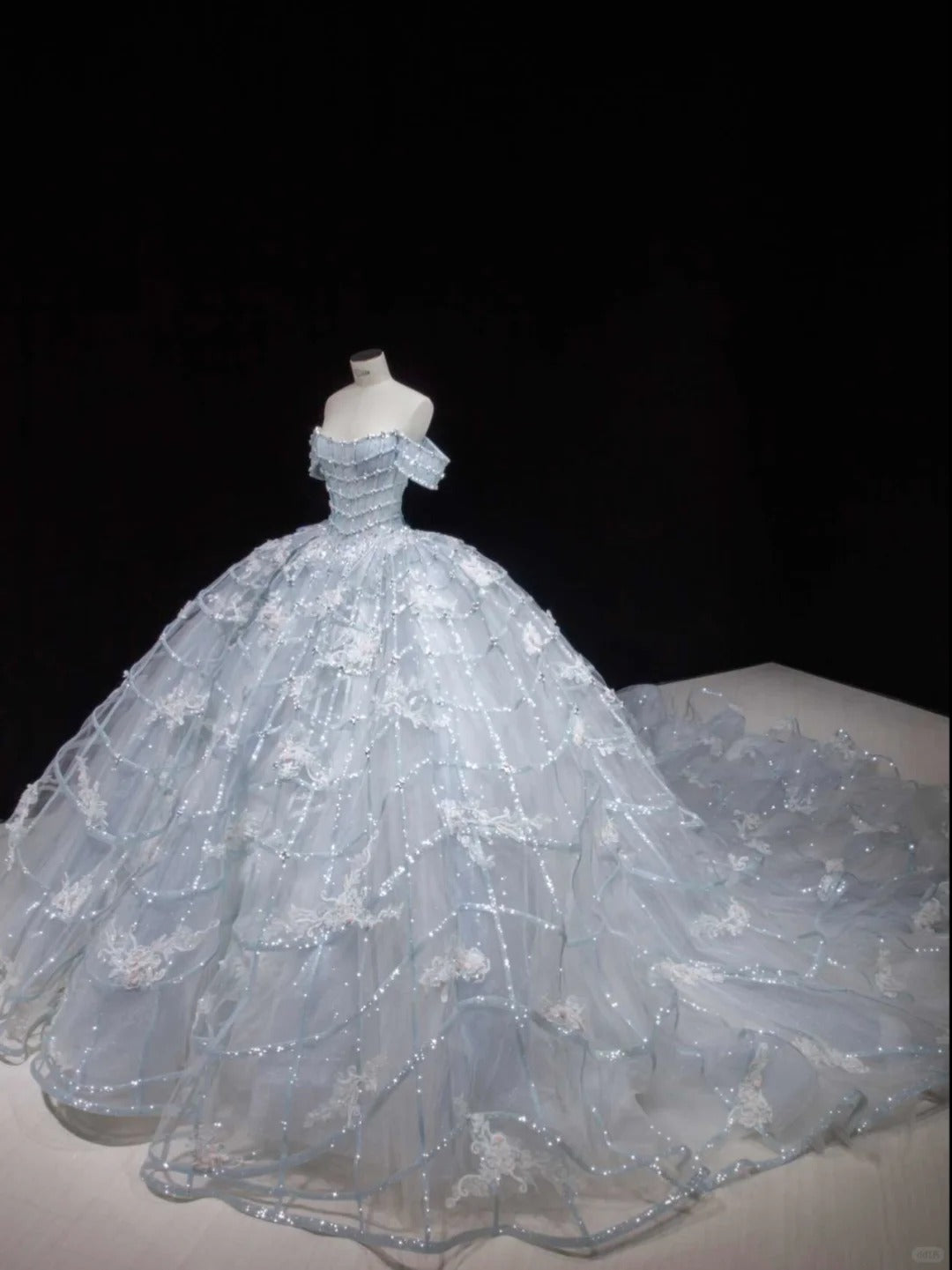 Princess Light Blue Ball Gown Off-The-Shoulder Sequins Beaded Tulle Dress  Quinceanera Dress 16 L498