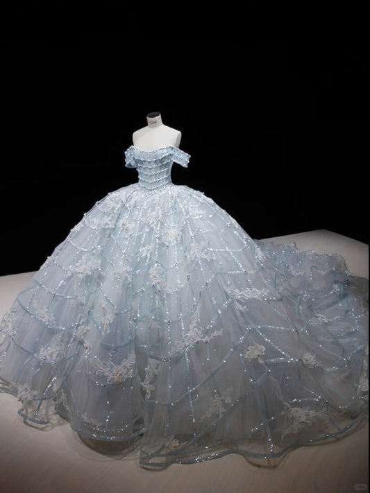 Princess Light Blue Ball Gown Off-The-Shoulder Sequins Beaded Tulle Dress  Quinceanera Dress 16 L498