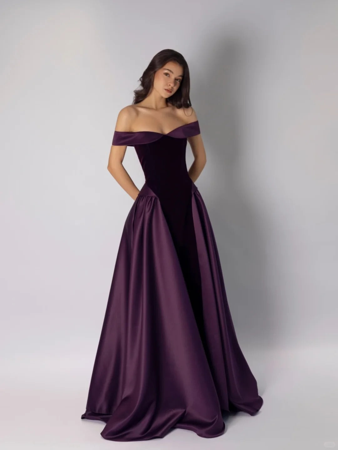 Classy Purple A-Line Dress Off-The-Shoulder Satin Dress Prom Dress L50