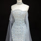 Dreamy Light Blue Mermaid Off-The-Shoulder Rhinestone Beaded Tulle Dress Prom Evening Dress L500
