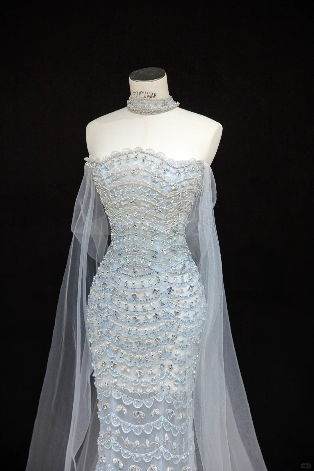Dreamy Light Blue Mermaid Off-The-Shoulder Rhinestone Beaded Tulle Dress Prom Evening Dress L500