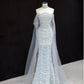 Dreamy Light Blue Mermaid Off-The-Shoulder Rhinestone Beaded Tulle Dress Prom Evening Dress L500
