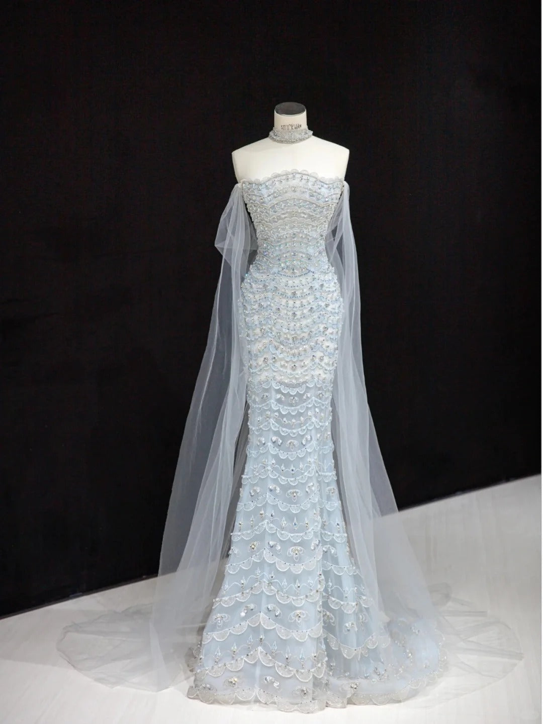 Dreamy Light Blue Mermaid Off-The-Shoulder Rhinestone Beaded Tulle Dress Prom Evening Dress L500