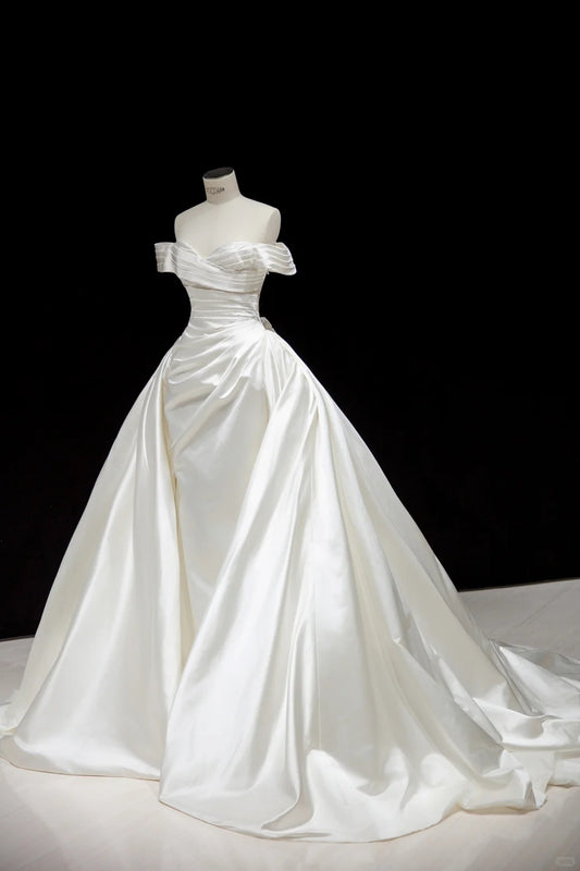 Elegant White Satin Wedding Dress Off-The-Shoulder Ball Gown Ruched Garden Wedding Dress L501