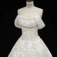 Modest White Tulle Wedding Dress Off-The-Shoulder Ball Gown Lace Appliques Garden Wedding Dress L503