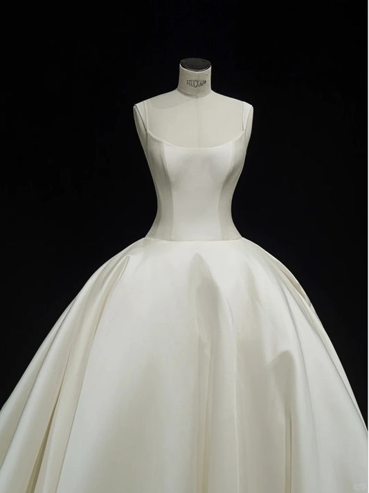 Elegant White Satin Wedding Dress Spaghetti Strap Ball Gown Ruched Church Wedding Dress L504