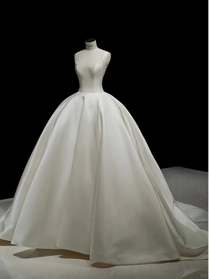 Elegant White Satin Wedding Dress Spaghetti Strap Ball Gown Ruched Church Wedding Dress L504