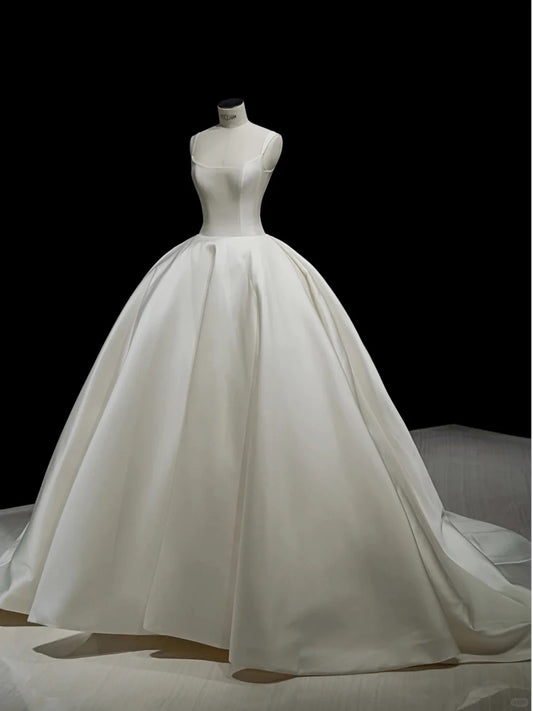 Elegant White Satin Wedding Dress Spaghetti Strap Ball Gown Ruched Church Wedding Dress L504