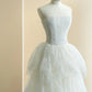 Chic White Tulle Wedding Dress Strapless A-Line Lace Appliques Tiered Ruffled Garden Wedding Dress L505