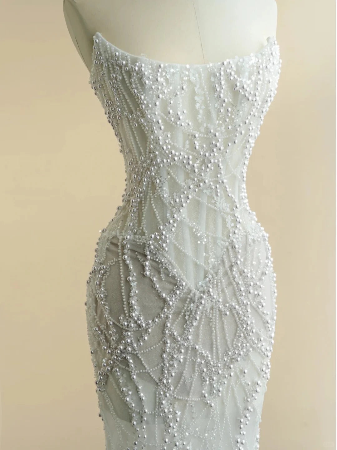 Modest White Tulle Wedding Dress Strapless Mermaid Beaded Sequins Garden Wedding Dress L506