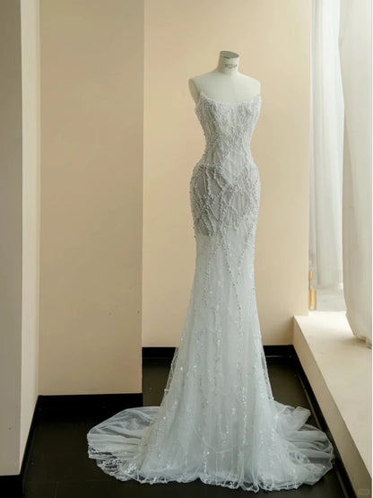 Modest White Tulle Wedding Dress Strapless Mermaid Beaded Sequins Garden Wedding Dress L506
