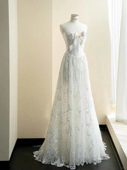 Sweet White A-Line Sweetheart Bow Sequins Beaded Appliques Tulle Dress Prom Evening Dress L507