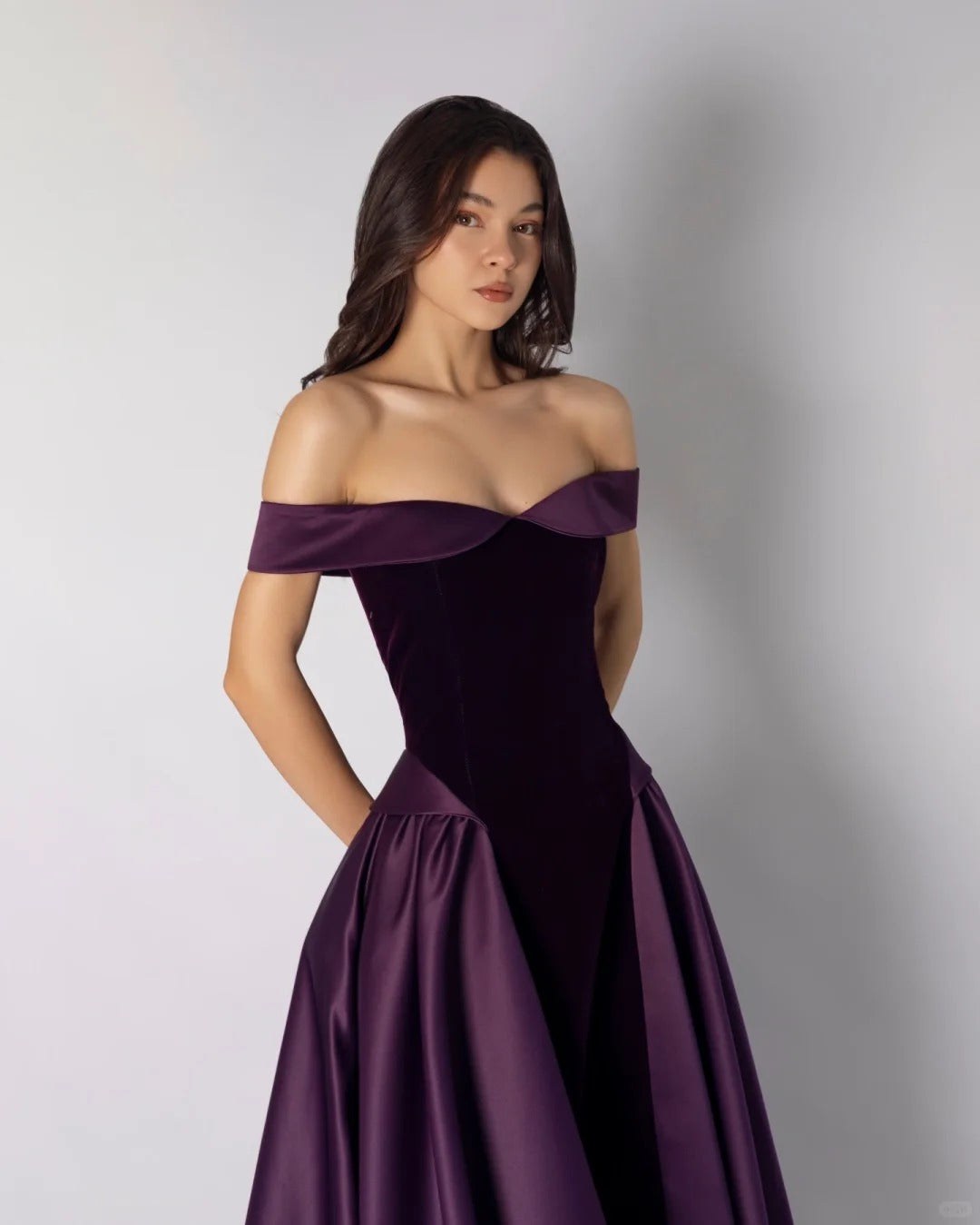 Classy Purple A-Line Dress Off-The-Shoulder Satin Dress Prom Dress L50