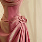 Feminine Peach A-Line Sweetheart Handmade Flowers Beaded Ruched Satin Dress Prom Evening Dress L510