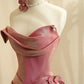 Feminine Peach A-Line Sweetheart Handmade Flowers Beaded Ruched Satin Dress Prom Evening Dress L510
