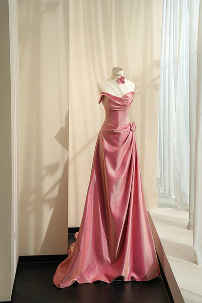 Feminine Peach A-Line Sweetheart Handmade Flowers Beaded Ruched Satin Dress Prom Evening Dress L510