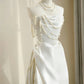 Elegant White A-Line Strapless Beading Ruched Satin Dress Prom Dress Evening Dress L511