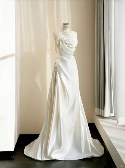Elegant White A-Line Strapless Beading Ruched Satin Dress Prom Dress Evening Dress L511