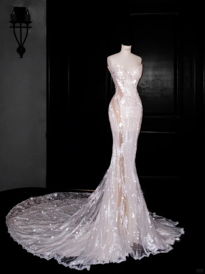 Princess White Tulle Wedding Dress Sweetheart Mermaid Appliques Beaded Ballroom Wedding Dress  L513