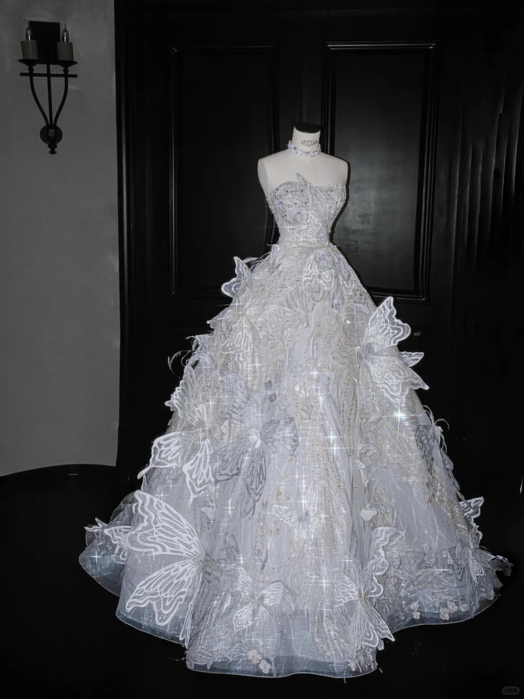 Fairy Ice Blue Ball Gown Strapless Butterfly Appliques Sequins Tulle Dress Quinceanera Dress 16 L514