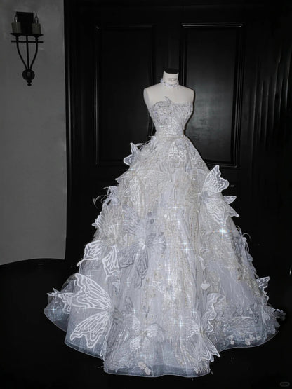 Fairy Ice Blue Ball Gown Strapless Butterfly Appliques Sequins Tulle Dress Quinceanera Dress 16 L514