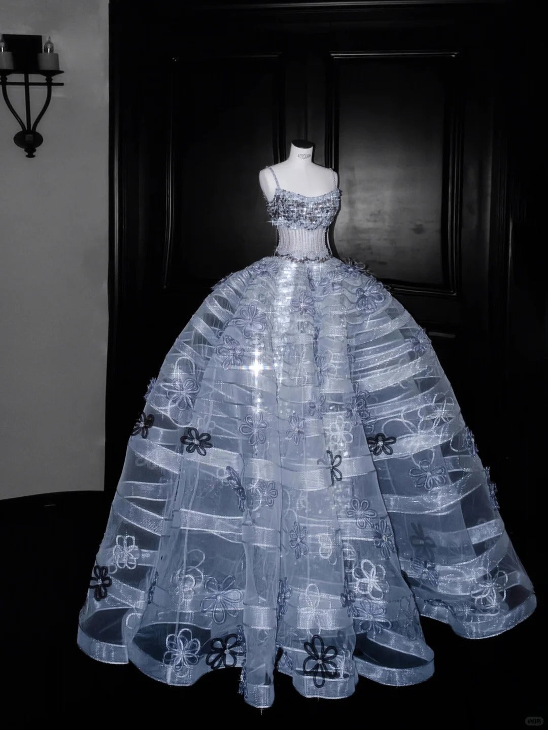 Dreamy Dark Blue Ball Gown Spaghetti Strap Appliques Sequins Tulle Dress Quinceanera Dress 16 L515