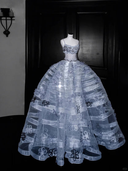 Dreamy Dark Blue Ball Gown Spaghetti Strap Appliques Sequins Tulle Dress Quinceanera Dress 16 L515