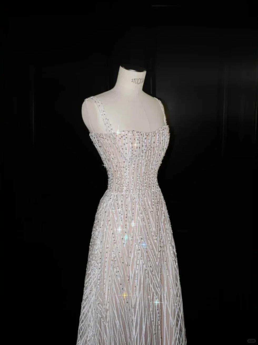 Sparkling Pastel Orange A-Line Spaghetti Strap Rhinestone Straped Tulle Prom Evening Dress L517