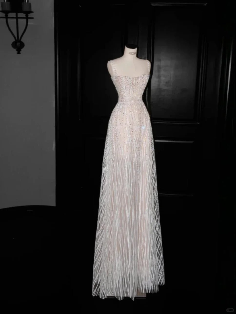 Sparkling Pastel Orange A-Line Spaghetti Strap Rhinestone Straped Tulle Prom Evening Dress L517