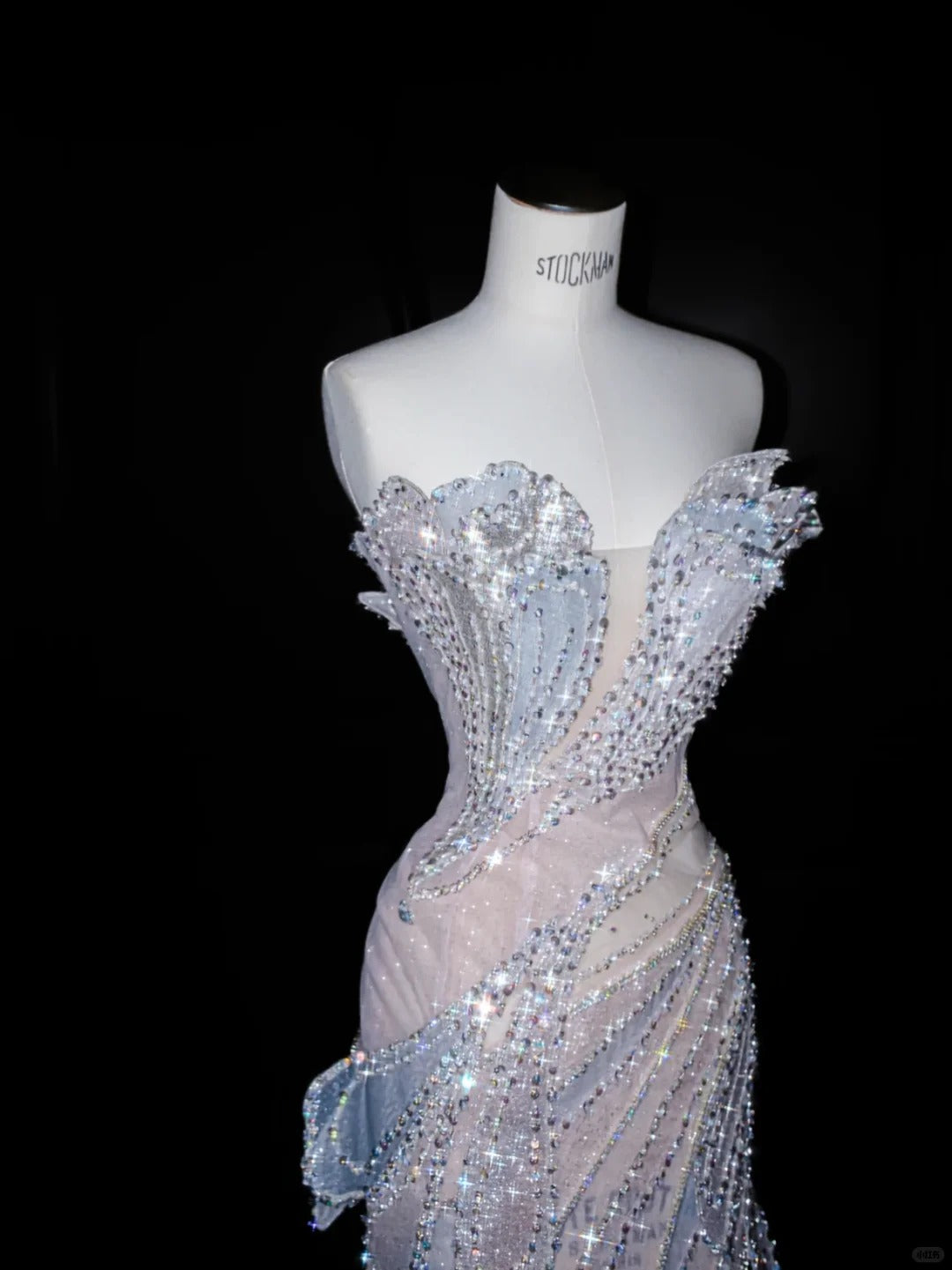 Fairy Light Blue Mermaid Strapless Rhinestone Tiered Tulle Prom Dress Evening Dress L518